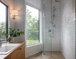 interior of a modern home in the netherlands rain shower and white tiles in the bath room