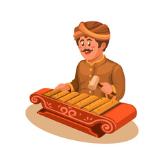 Man Playing Gamelan Indonesian Traditional Music Instrument Cartoon Illustration Vector