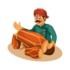 Man Playing Kendang Indonesian Traditional Music Instrument Cartoon Illustration Vector
