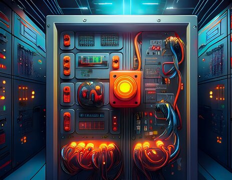 emergency power off button in data center electrical panel - Powered by Adobe