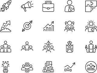Business Set of Outline Icons; Rocket, Megaphone, Team, Graph, Aim, Briefcase and more