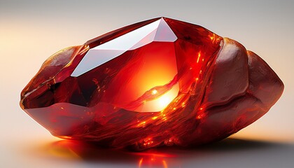 fiery red carnelian on a soft white surface warm translucent glow premium gemstone aesthetic