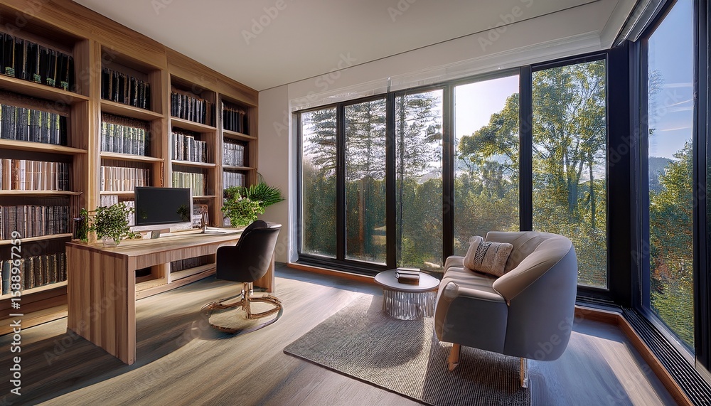 Poster stylish home office or library with custom built in bookshelves comfortable seating and inspiring vi
