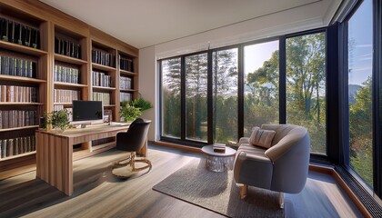 Fototapeta premium stylish home office or library with custom built in bookshelves comfortable seating and inspiring views for a tranquil workspace