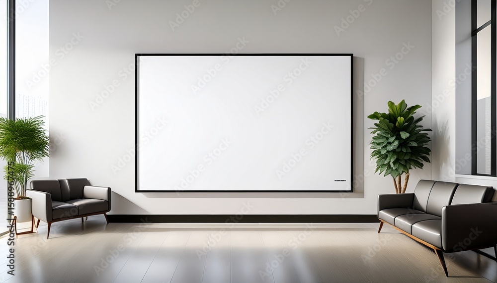 Poster a photo of a large white wall with an empty frame in the waiting room with a clean and modern minima