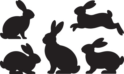 Black rabbit silhouettes in various poses rabbits animals