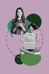 Sketch image 3d pop banner collage of two happy girls hold phone laptop bubble communication text box notification speech