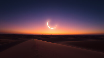 Outdoor photo of the ramadan crescent moon shining brightly in a majestic sky, in front of a vast, serene desert landscape.. Generative AI