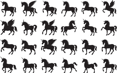 Fototapeta premium Black silhouettes of unicorns and winged horses pegasus
