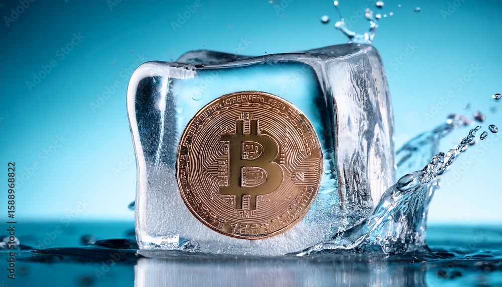 Poster bitcoin coin embedded in ice cube with water splash close up