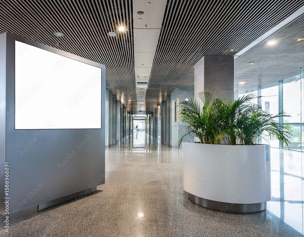 Poster office hallway with lcd screen floor stand open and closed elevator doors realistic empty lobby inte