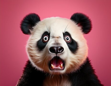 shocked panda with big eyes isolated on pink background funny animal expression cute and surprised face