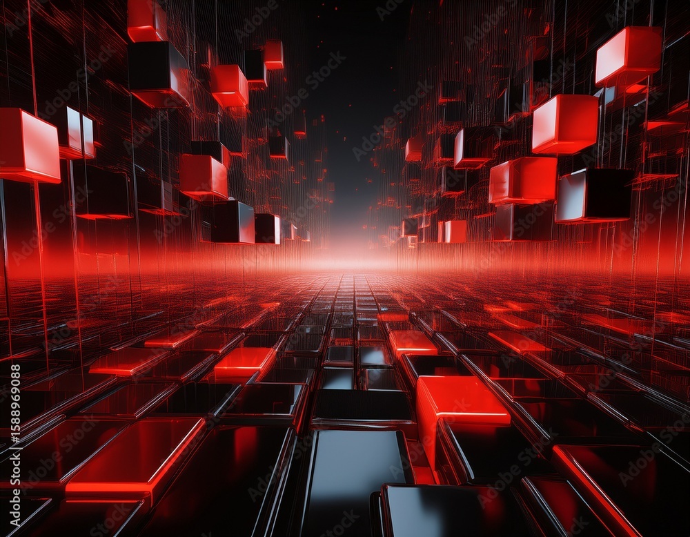 Poster abstract background with digital glowing red and black cubes in the dark space cyber technology conc