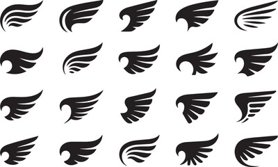 Collection of stylized black wings on white background graphic