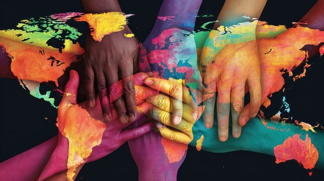 United Hands, Shared World: A poignant composition of diverse hands clasped together, interwoven over a vibrant, multicolored map of the globe, symbolizes global unity and interconnectedness.
