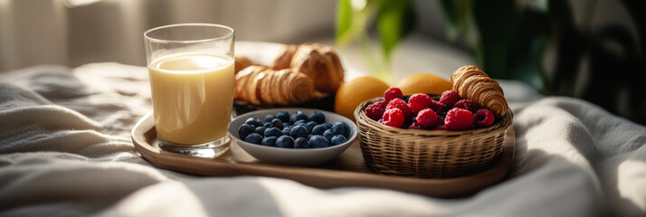 A wooden tray filled with blueberries, raspberries, croissants, and orange juice rests on a soft blanket, capturing the essence of a relaxing breakfast on a calm morning