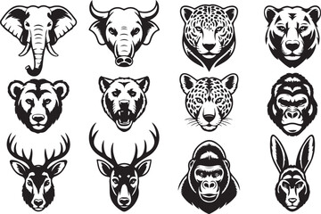 Fototapeta premium Collection of twelve animal heads in black and white elephant bull