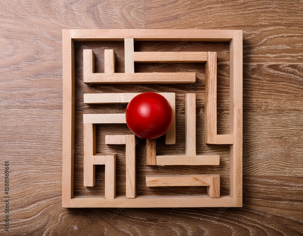 Aufkleber red ball sphere in wooden 3d maze or labyrinth background decision or problem solving business conce