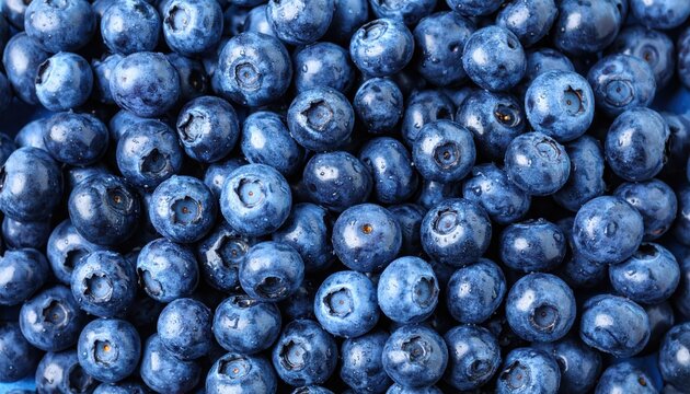Close-up image of fresh blueberries with water droplets, showcasing their juicy texture and vibrant color.
