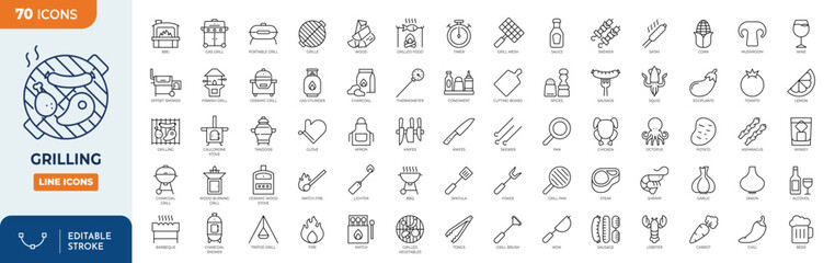 Grilling BBQ line editable icon set. Editable stroke. Vector illustration