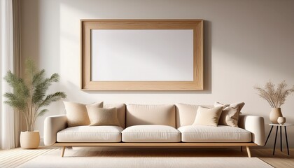 a large wooden frame mockup on the wall of an empty living room simple and minimalistic interior design with white walls sofa made out of light wood soft cushions in beige tones natural lighting