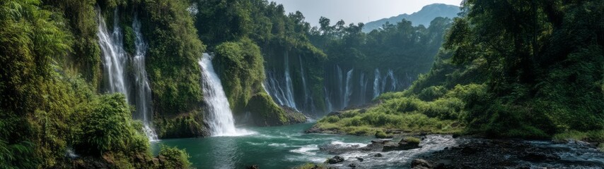 Fototapeta premium Majestic waterfall action lush nature landscape 360 degrees hdr panoramic view tranquil environment