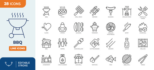 Fototapeta na wymiar BBQ line editable icon set. Contain icons related to BBQ barbecue and grill icons. Editable stroke. Vector illustration