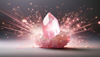 rose quartz exploding with soft pink light bursts on a neutral gray backdrop ethereal glow luxury gemstone photography
