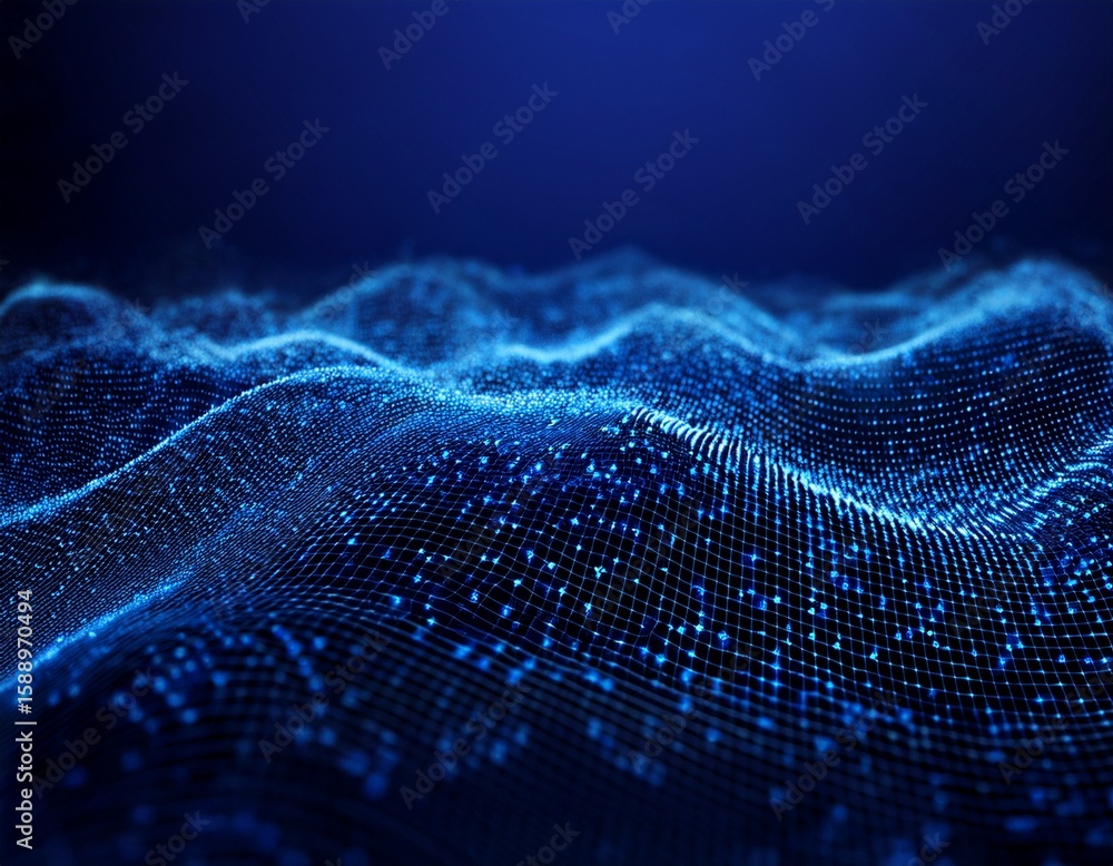 Poster blue spheres or dots wave grid on dark blue background abstract data technology background selective