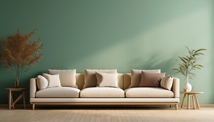 modern minimal living room mockup with cream sofa with blank green pastel wall and wood floor for copy space 3d render
