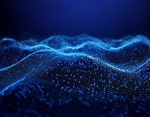 blue spheres or dots wave grid on dark blue background abstract data technology background selective focus
