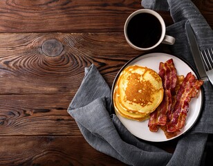 breakfast flat lay with copy space pancakes and bacon with black coffee on wooden table