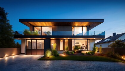 modern and elegant two story terrace house with lights on the windows at night