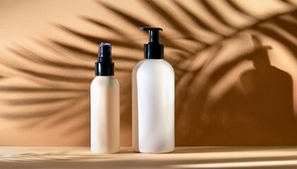 minimal skincare product mockup with cosmetic bottles on beige background and palm leaf shadow