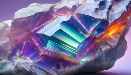fluorite crackling with multi colored electric veins on a pale lavender surface high detail mineral still life