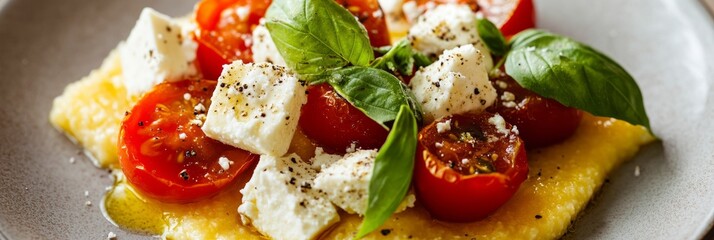 A serving of creamy polenta features roasted tomatoes sprinkled with cheese and fresh basil, banner