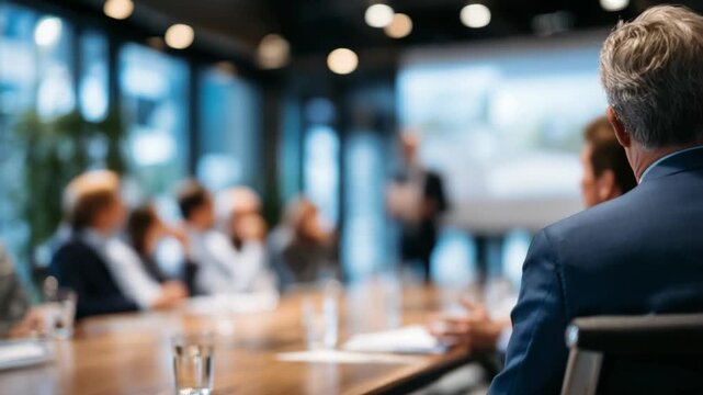 A blurred business workshop scene with reflections on a polished table and a projector's soft glow illuminating an engaged audience.