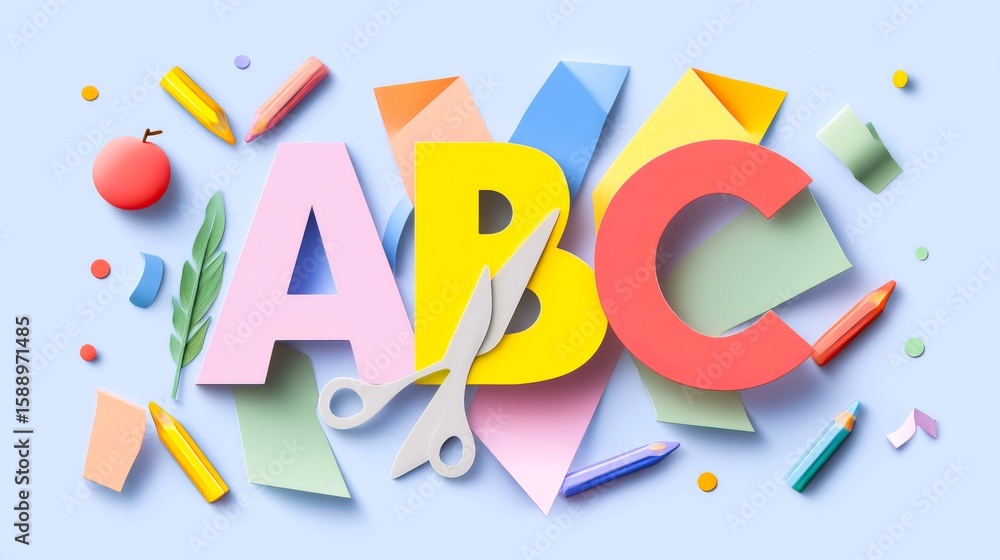 Poster the image is a colorful and playful representation of the alphabet. the letters a, b, and c are cut 