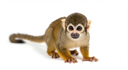 Obraz premium Adorable baby monkey playfully poses against bright white background. AI Generated