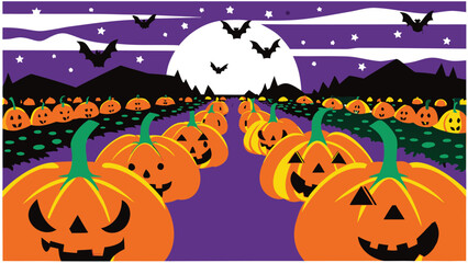 A halloween night scene with pumpkins lined up under a full moon and bats flying in a purple sky scene