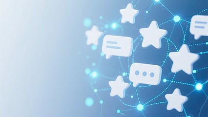 A digital network of glowing stars and chat bubbles interconnected by lines, symbolizing communication, social media, and online interaction in a futuristic style.