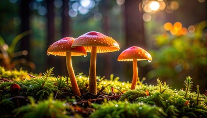 Fototapeta premium Close-up of colorful mushrooms in a sunlit forest, showcasing dewy caps and vibrant greenery.