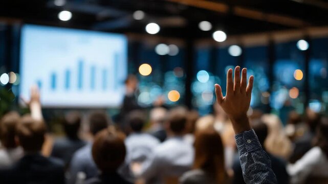 A warmly lit corporate training session features engaged participants with raised hands, as a projector displays infographics, emphasizing teamwork and idea sharing.
