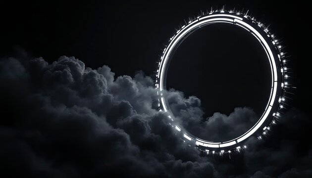 A glowing, circular futuristic structure hovers above dark, dense clouds against a black sky, creating a mysterious and sci-fi atmosphere.