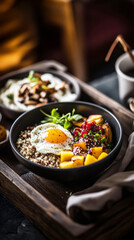 Savor a wholesome breakfast bowl filled with seasoned black beans, ripe avocado, sweet mango chunks, and a sunny-side up egg. A refreshing lime slice adds zesty flavor beside rich coffee