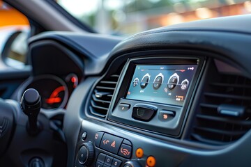 Close up view of a contemporary car's dashboard, highlighting the digital display screen showcasing various information and controls