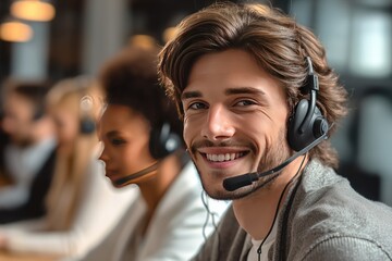 Friendly Customer Service Representative in Call Center, Wearing Headset