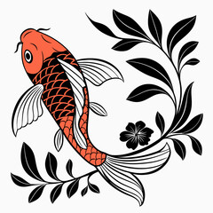 Obraz premium An orange and black koi fish with plants and a flower