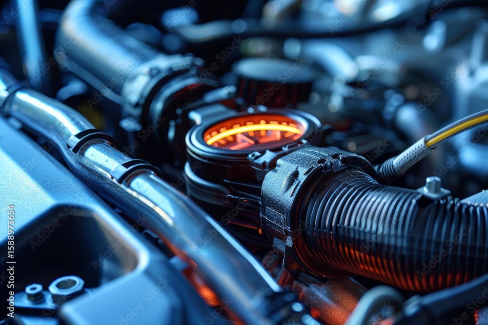Poster illuminated boost gauge glows orange within complex network of intercooler pipes and engine componen