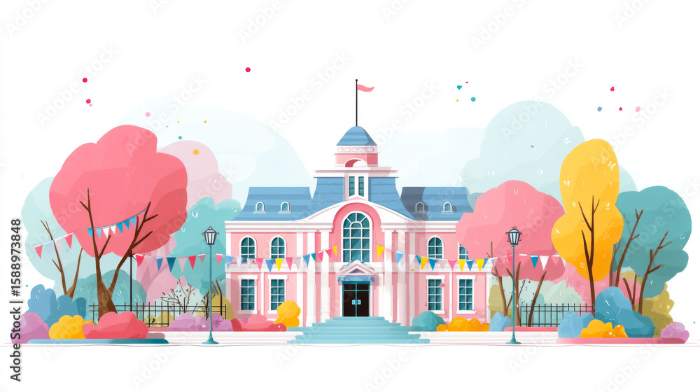 Poster a large building with a blue roof and pink trim. the building has a lot of windows and a flag on top